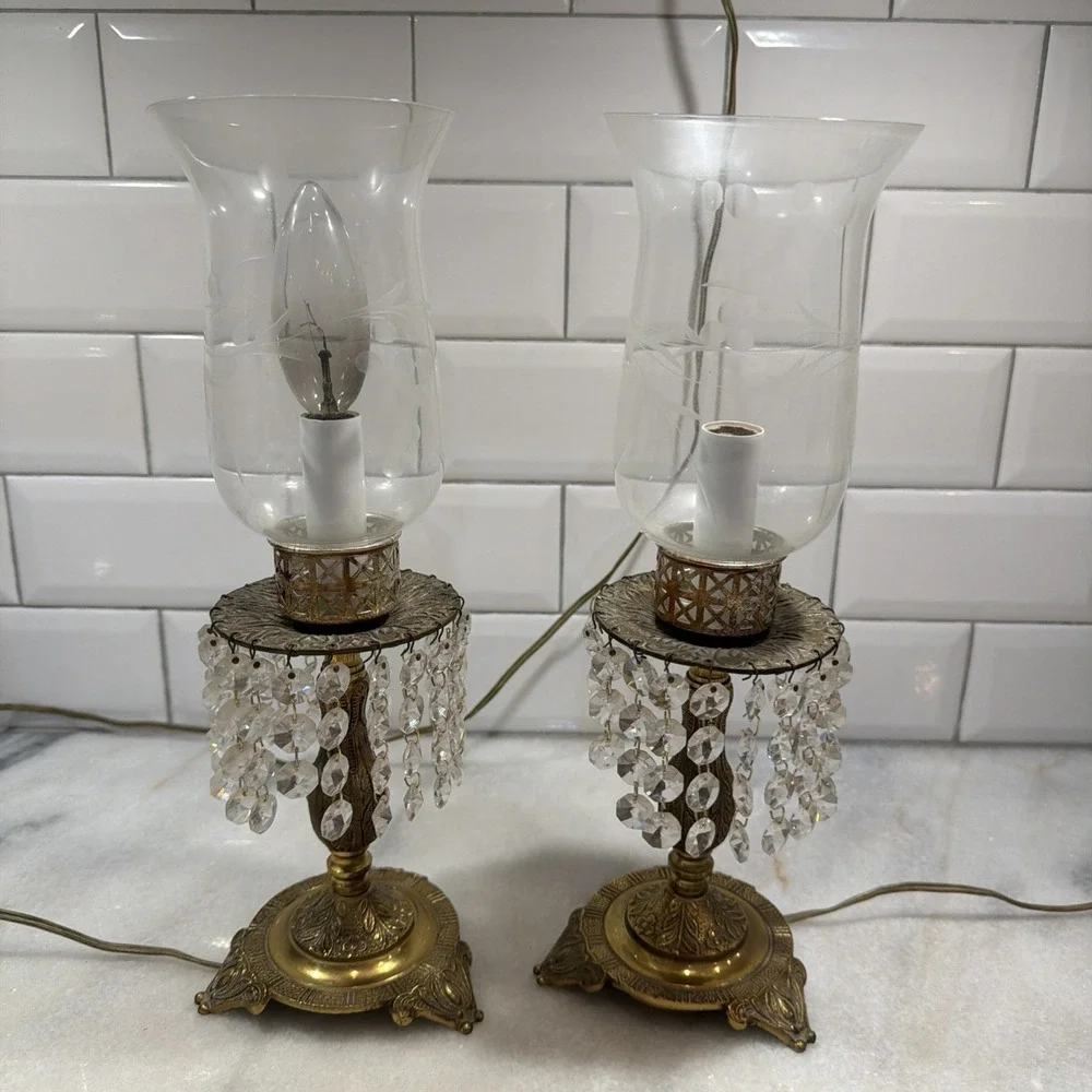 MCM Vtg Art Deco Pair Of Footed Brass Dangling Crystal Hurricane Lamps OLA0001